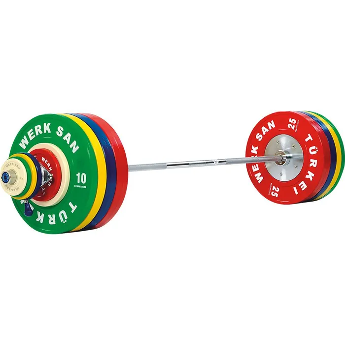 Werksan bar loaded with red, blue, yellow and green competition discs